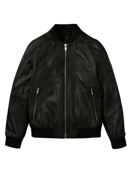 Black Collar Bomber Style Leather Jacket
