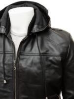 Black Hoodie Bomber Style Leather Jacket