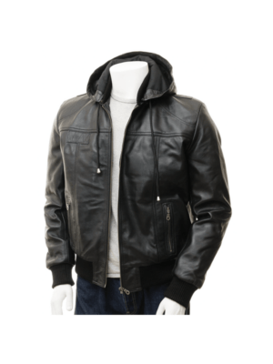Black Hoodie Bomber Style Leather Jacket