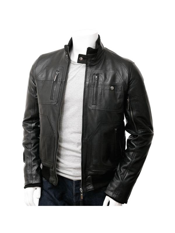 Black Mens Bomber Style Leather Jacket