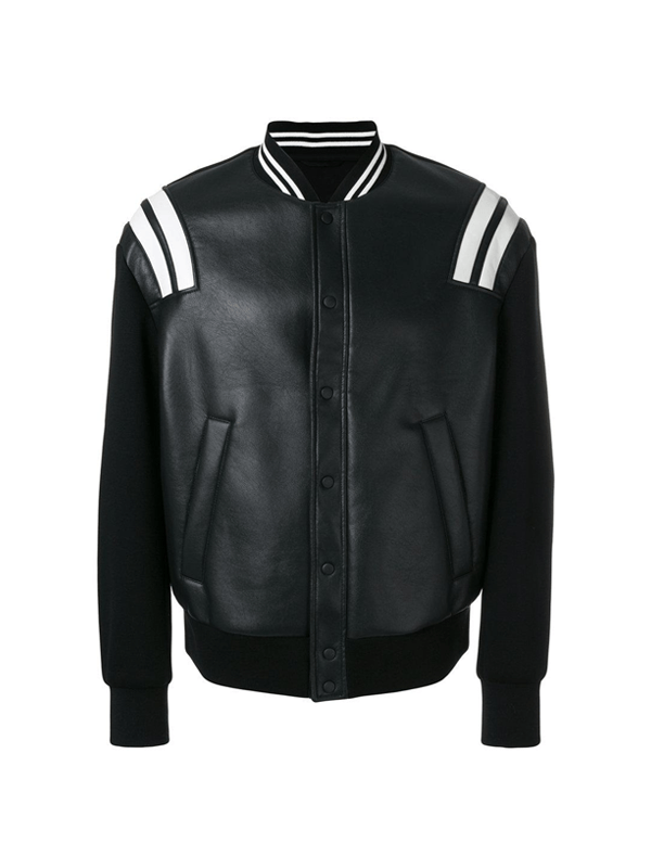 Black Striped Bomber Style Leather Jacket