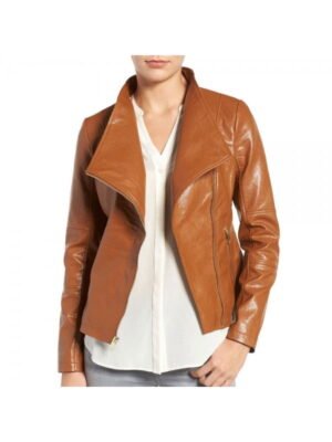 Brown Front Double Zipper Style Leather Jacket
