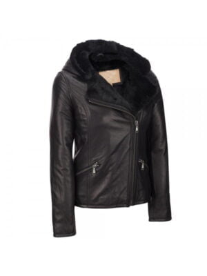 Black Fur Hodded Satyle Fashion Leather jacket