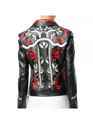 Embroidered Fitted Biker Style Women Leather Jacket