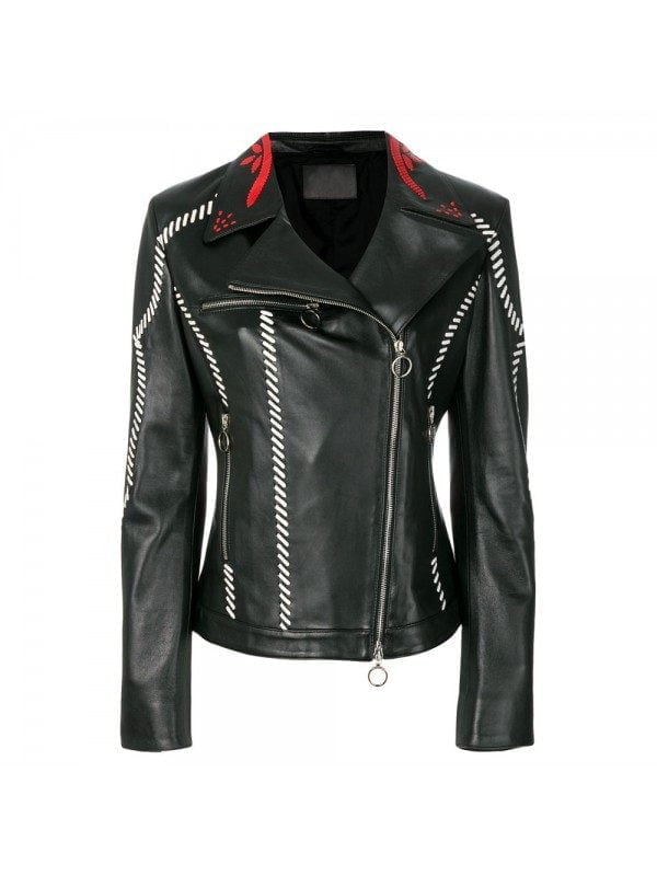 Embroidered Fitted Biker Style Women Leather Jacket