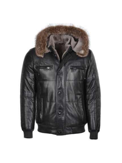 Fur Hodded Bomber Style Leather Jacket