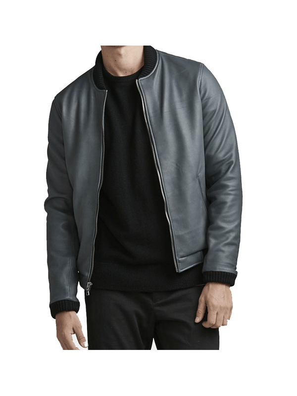 Grey Classic Bomber Style Leather Jacket