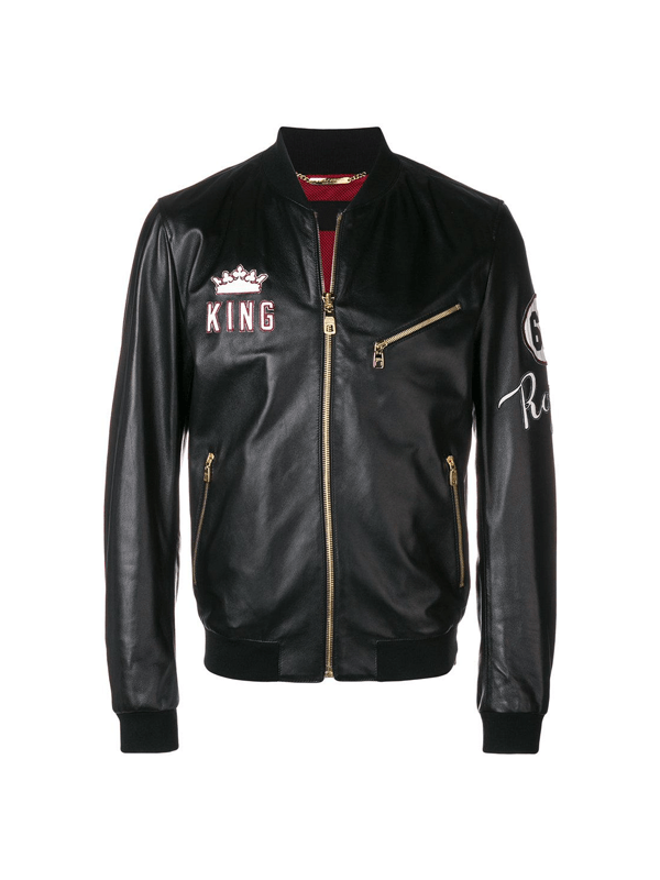 King Patch Style Leather Bomber Jacket