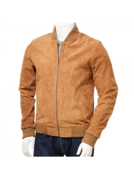 Mens Tan Suede Bomber Style Leather Jacket