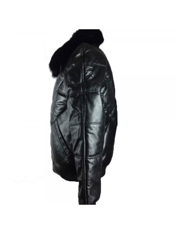 Mens Bomber Lambskin Leather Jacket with Fox Fur Collar