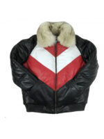 Mens Bomber Multicolor Lambskin Leather Jacket with Fox Fur Collar