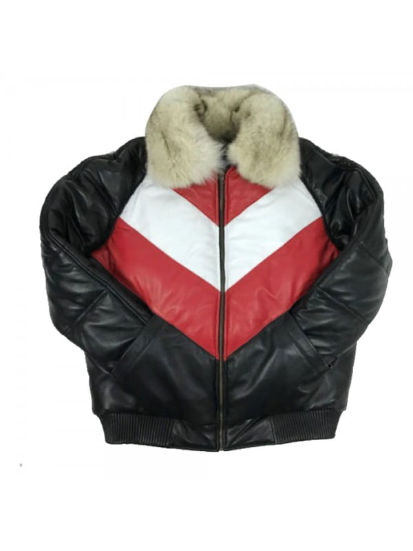 Mens Bomber Multicolor Lambskin Leather Jacket with Fox Fur Collar Mens Bomber Multicolor Lambskin Leather Jacket with Fox Fur Collar
