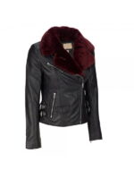 Mehroon Fur Collar Style Women Leather Jacket