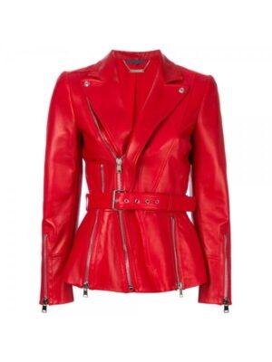 Red Zipped Biker Style Women Leather Jacket