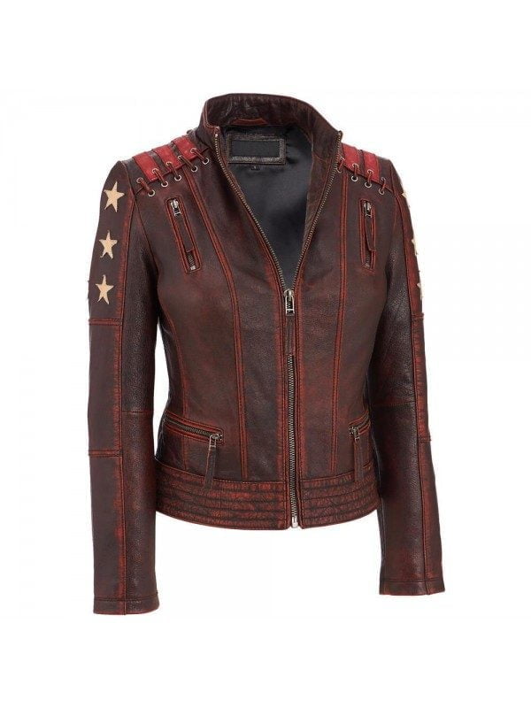 Rivet Distressed Stars Style Fashion Leather Jacket