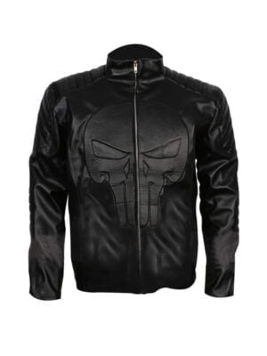 Biker Skull Logo Embossed Black Leather Jacket
