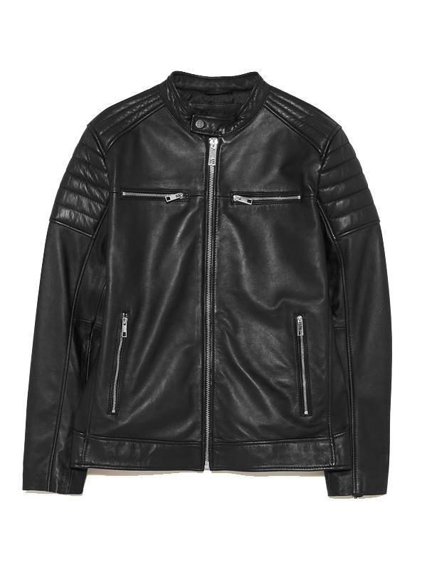LEATHER BIKER JACKET WITH QUILTED SHOULDERS