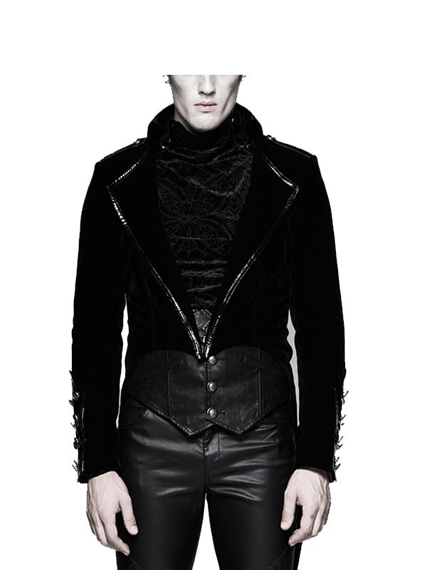 Gothic Black Velvet Swallow Tail Long Sleeves Mens Leather Jacket