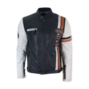 Navy Blue White Real Leather Biker Jacket