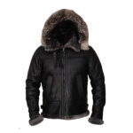 Men Black Shearling Leather Jacket with Hoodie