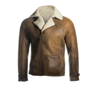 Men Brown Distressed Shearling Leather Jacket