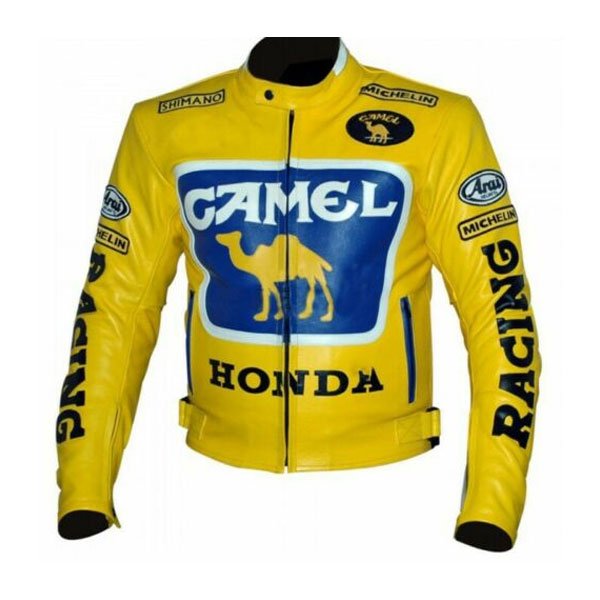 Mens Honda Camel Racing Motorcycle Yellow Leather Jacket