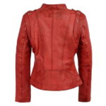 Ladies Distressed Red Leather Moto Jacket with Asymmetrical Zipper
