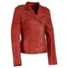 Ladies Distressed Red Leather Moto Jacket with Asymmetrical Zipper