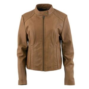 Ladies Keeper Cognac Leather Scuba Style Jacket with Snap Mandarin Collar
