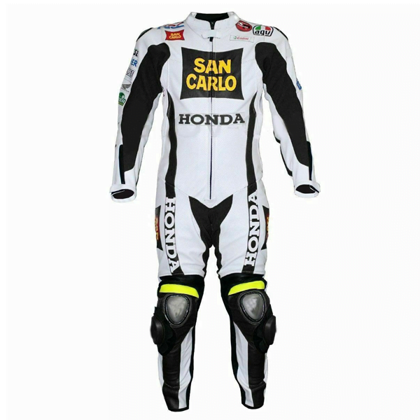 Men Honda San Carlo White Racing Motorcycle Leather Suit Jacket pant Handmade