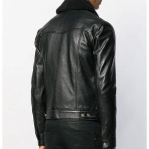 Black Leather Shearling Collar Buttoned Jacket