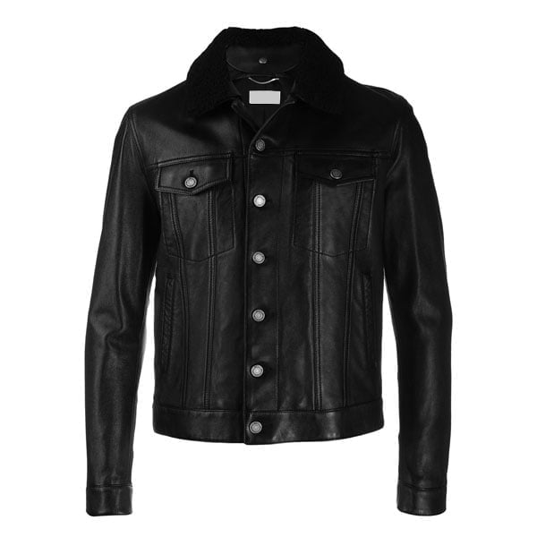 Black Leather Shearling Collar Buttoned Jacket