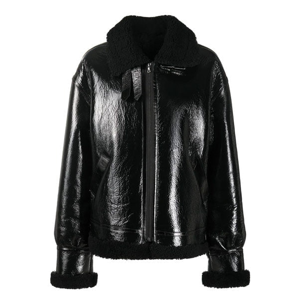 Black Shining Oversized Womens Shearling Leather Jacket