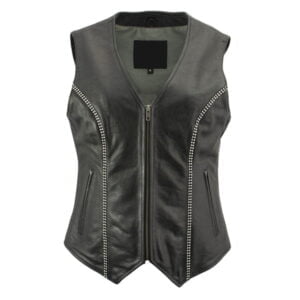 Ladies Bling Black Leather V-Neck Vest with Rhinestone Bling Detail