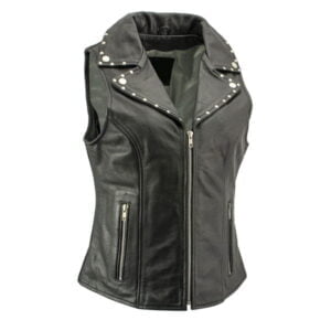 Ladies Dita Black Leather Vest with Riveted Lapel Collar