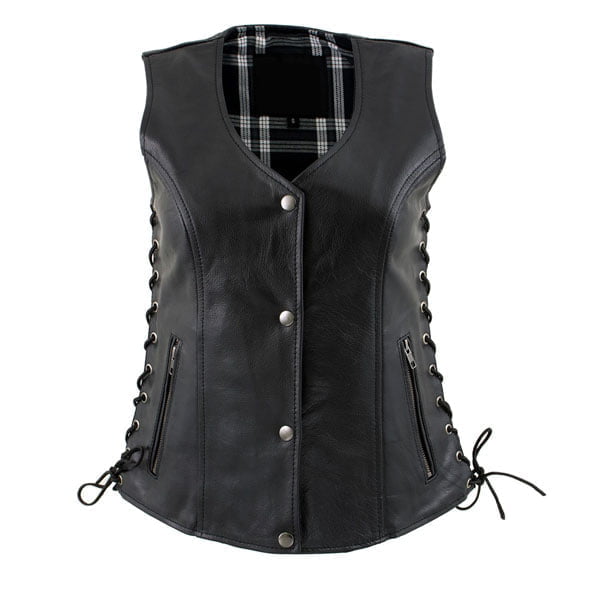Ladies Flannel Black Leather Vest with Snap Button Closure
