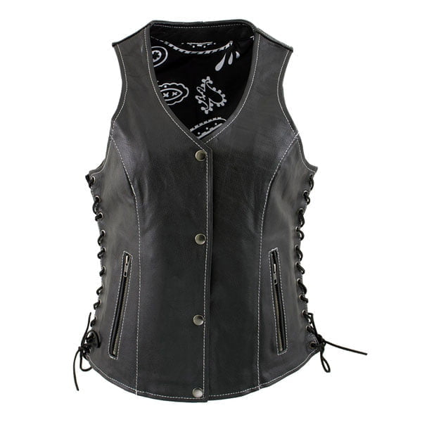Ladies Paisley Black Leather Vest with Side Lace Adjustment