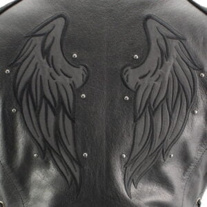 Ladies Winged Black Studded Leather Vest with Side Laces and Reflective Wings