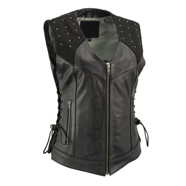 Ladies Winged Black Studded Leather Vest with Side Laces and Reflective Wings