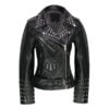 Ladies Women Black Real Leather Studded Biker Brando Style Belted Fitted Jacket