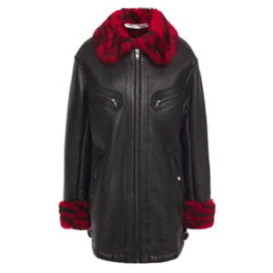 Printed Shearling-Trimmed Textured Womens Leather Jacket
