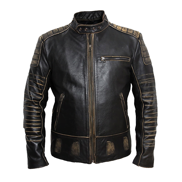 Vintage Cowhide Men Motorcycle Leather Jacket with a lighter touch. Taking elements of our iconic cafe racer – the quilted shoulders, press-stud collar