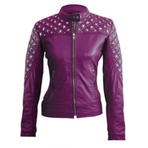 Women Purple Star Silver Studs Quilted Genuine Leather Jacket
