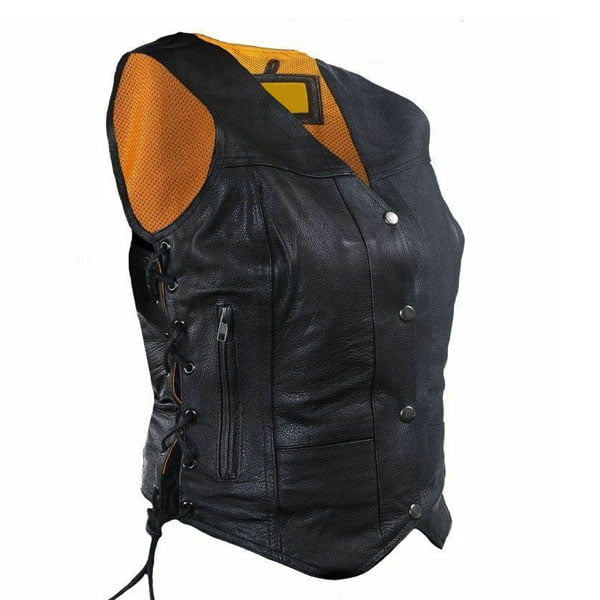 Womens Biker Classic Genuine Cowhide Leather Motorcycle Vest Side Lace