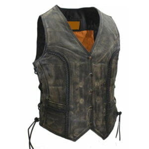 Womens Distressed Brown Leather Vest Concealed Pockets Side Laces Adjustable Fit