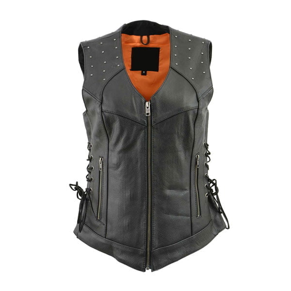 Women's Riveted Black Leather Vest with Side Laces