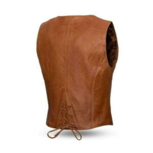 Women's V- Neck Leather Zipper Vest- Brown