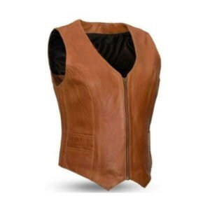Women's V- Neck Leather Zipper Vest- Brown