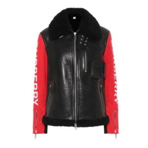 Black and Red Sleeve Shearling Leather Jacket Womens